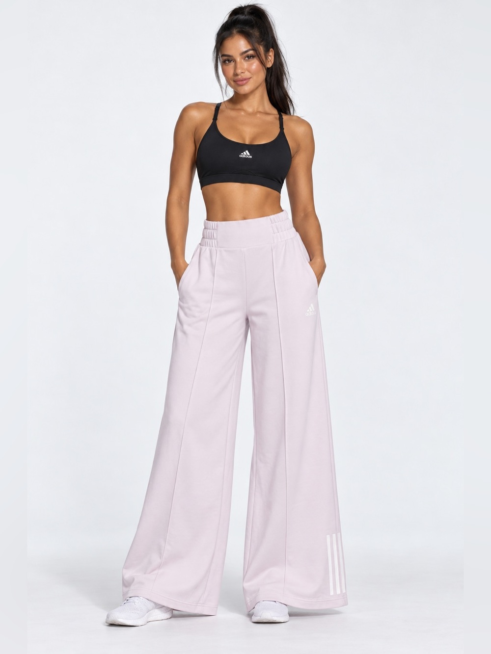 adidas Women's Wide-Leg Track Pants in Pale Pink(size S) with black bra (size M)